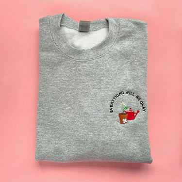 Everything Will Be Okay Embroidered Sweatshirt, Adult Unisex, Pocket Flower Embroidered Crewneck, Self Care Pull Over, Cute Embroidery Gift